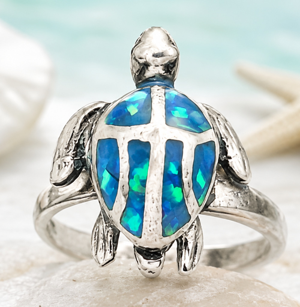 Mexico 925 Sterling Silver Blue Opal Turtle Ring Size 6 Adjustable Coastal Sea